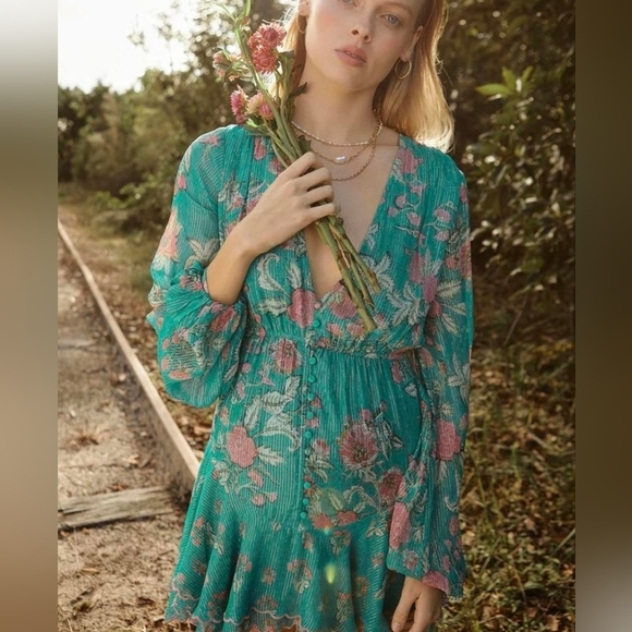 HEMANT & NANDITA Vibrant Green and Pink Isha Floral Short Dress Size Large - Picture 2 of 7